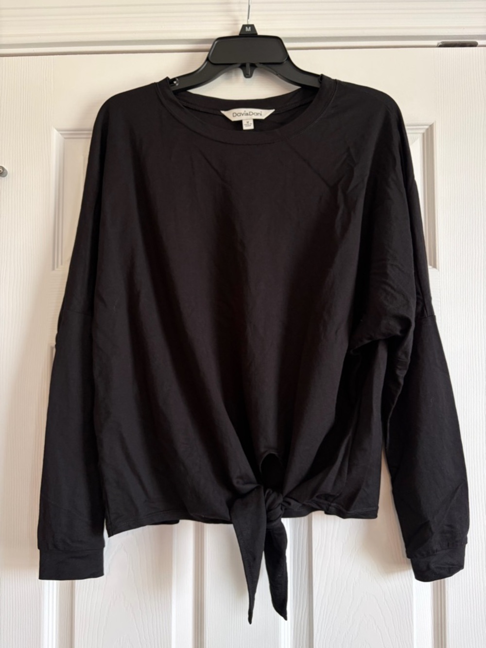 Davi & Dani Black Tie-front Long Sleeve Top